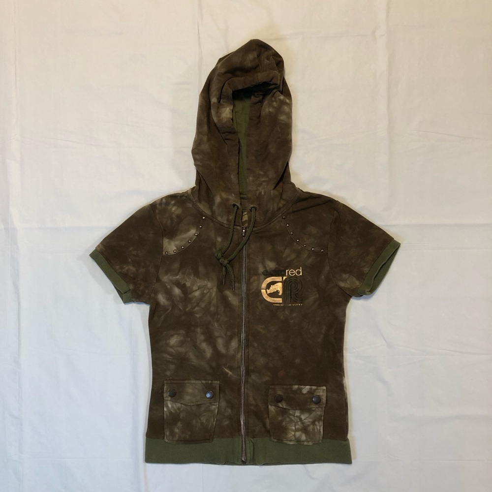 Eckored Women’s Short Sleeve Full Zip Stretch Dark Moss Green Hoodie Shirt XS